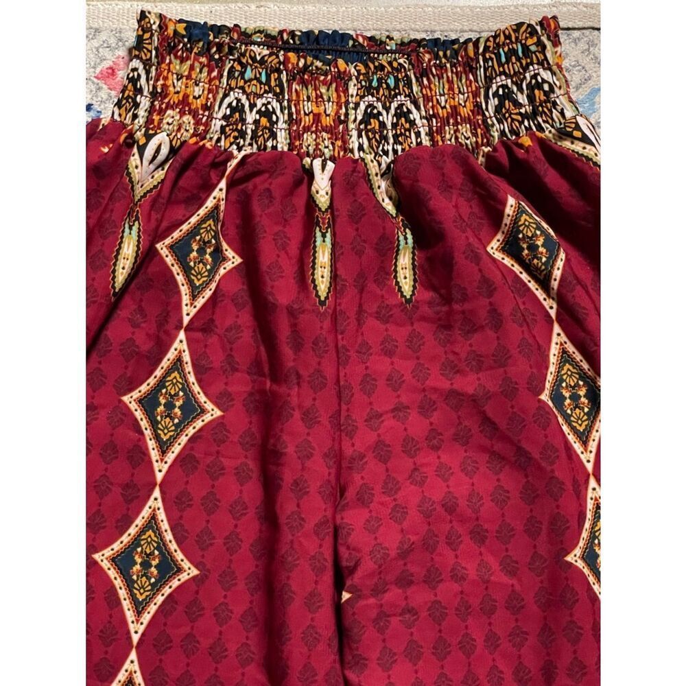 Fashion Nova Burgundy Paisley Patterned Elastic-Waist Wide-Leg Pants (Small) - Picture 8 of 16